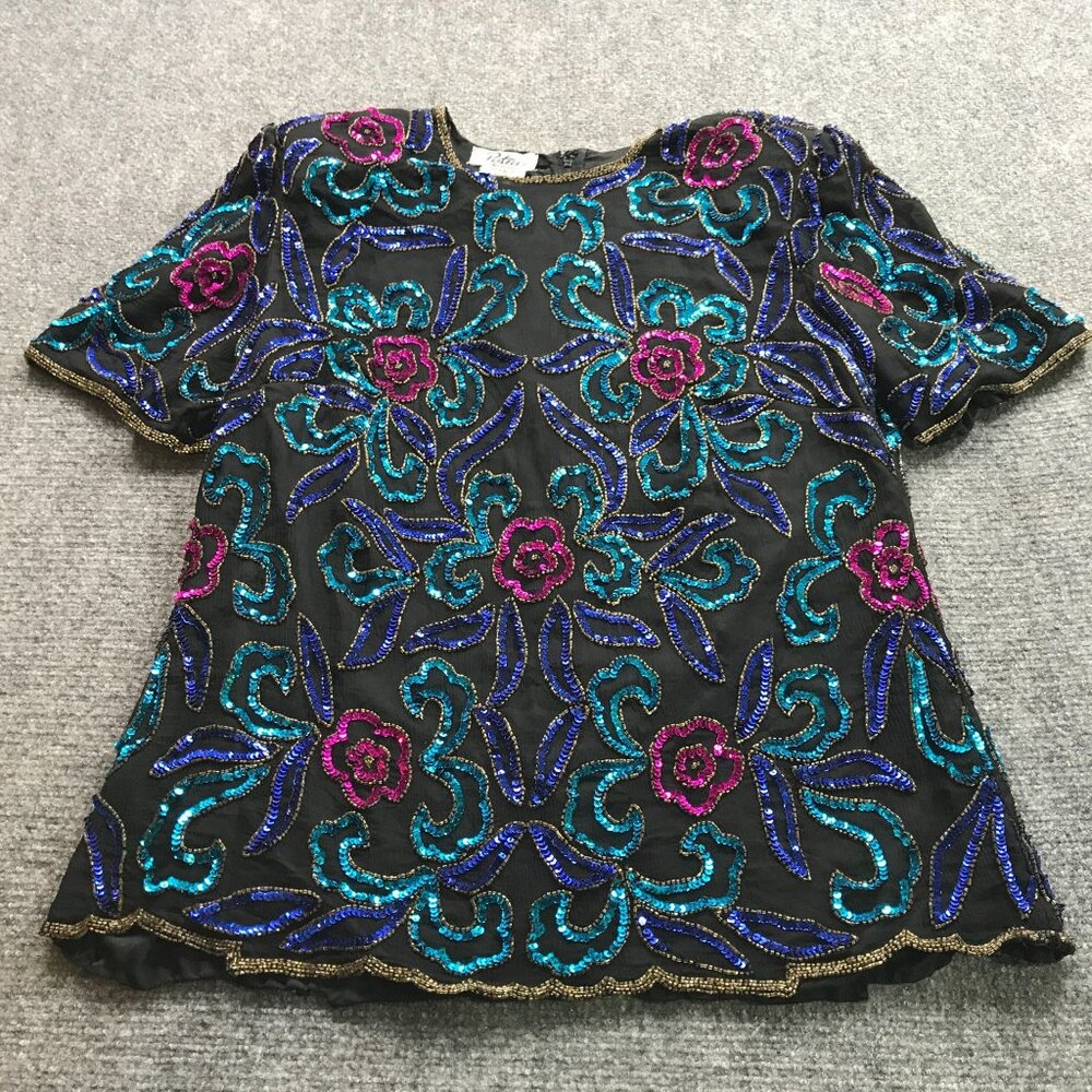 Vintage Patra Evening Top Womens 1X Silk Y2K Beaded Sequin Floral‎ Jewel Tones